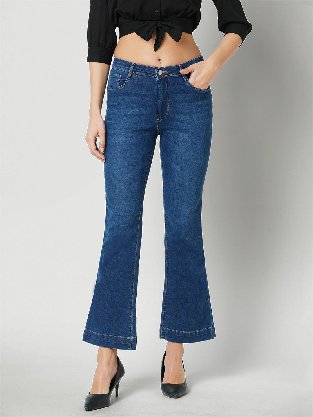 Women Dark Blue High-Rise Mini Flare Jeans