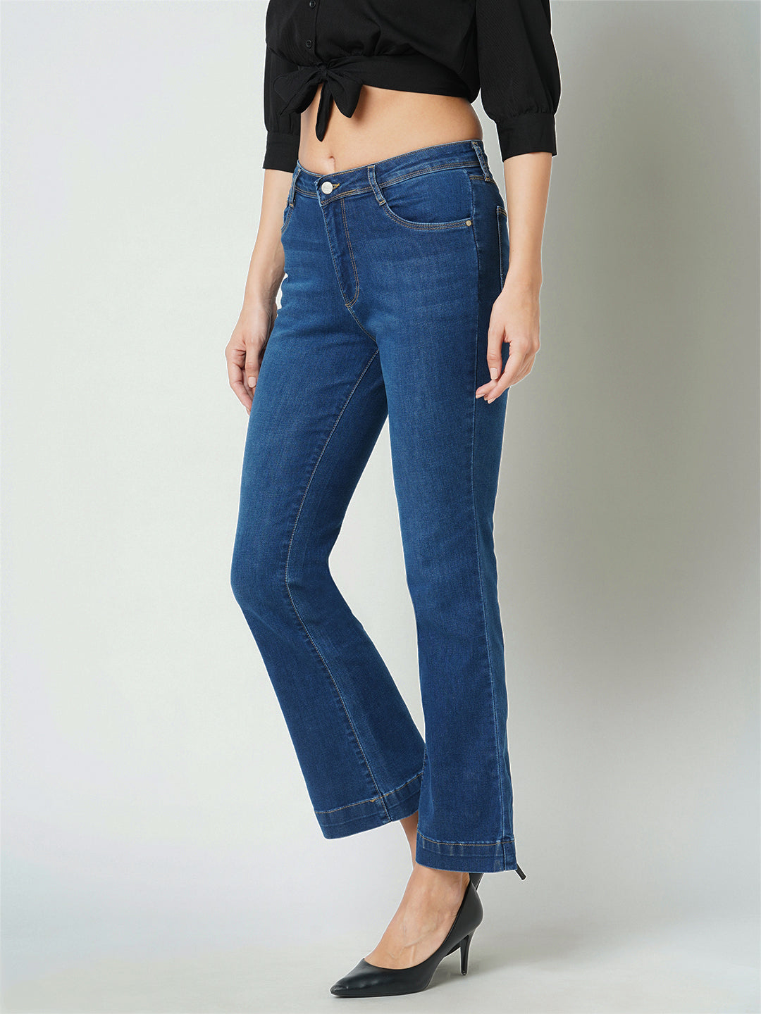 Women Dark Blue High-Rise Mini Flare Jeans