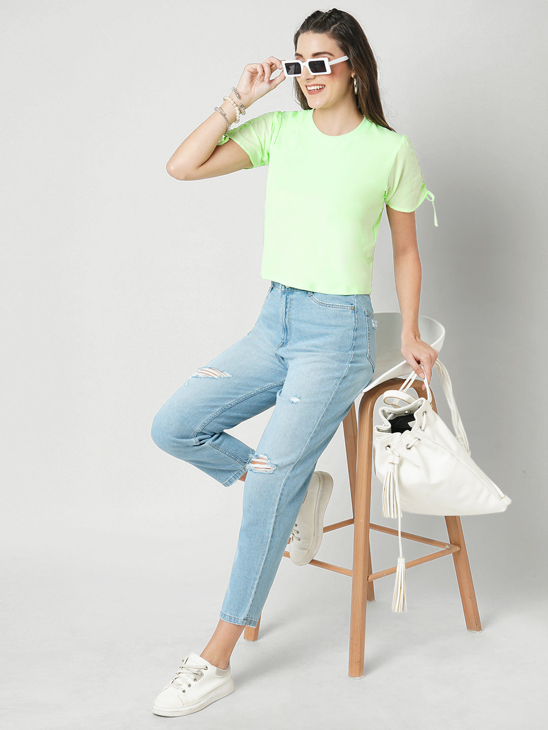Women Leafy Green Slim Fit Crop T-Shirt