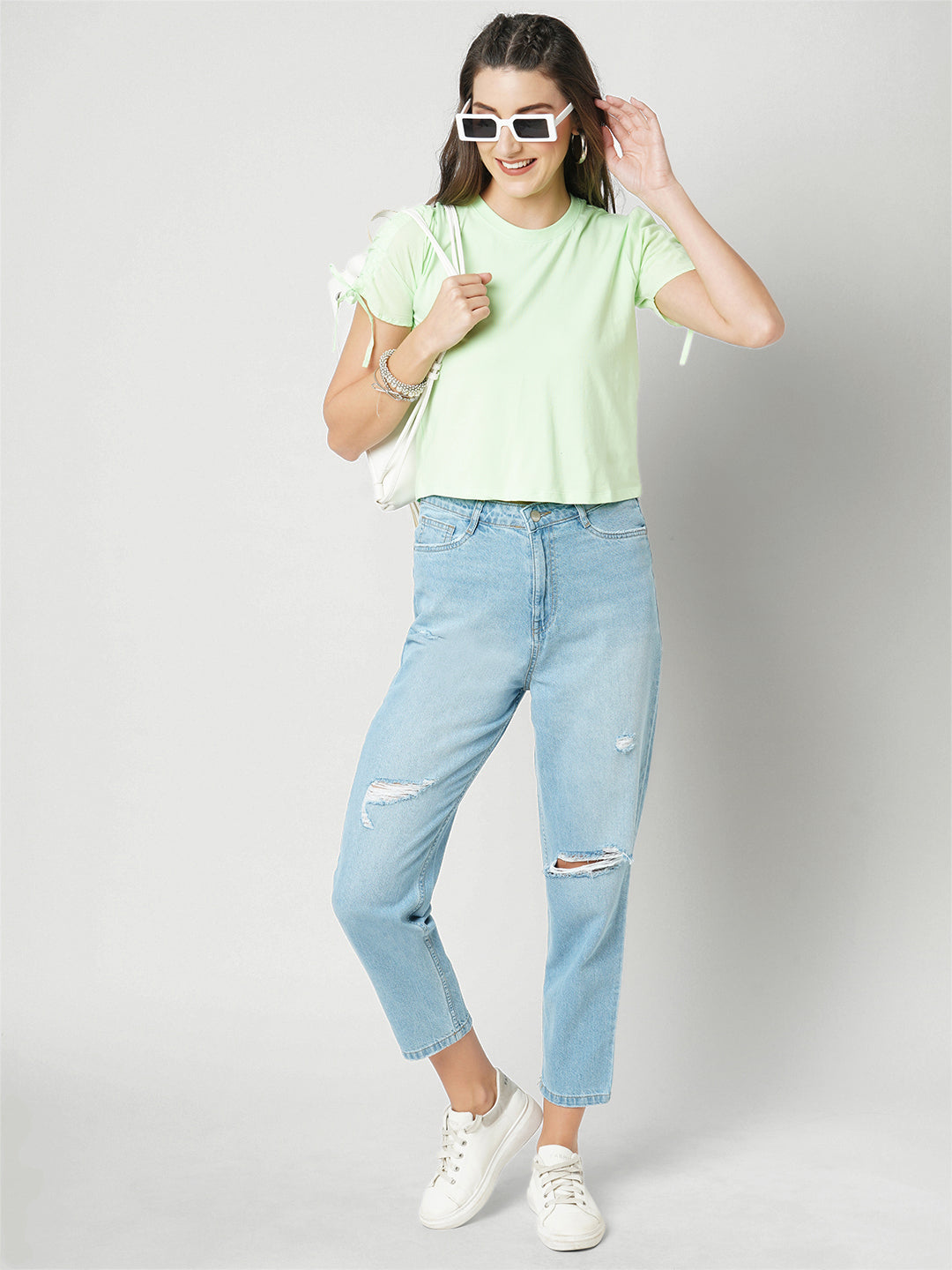 Women Light Blue High-Rise Mom Fit Jeans