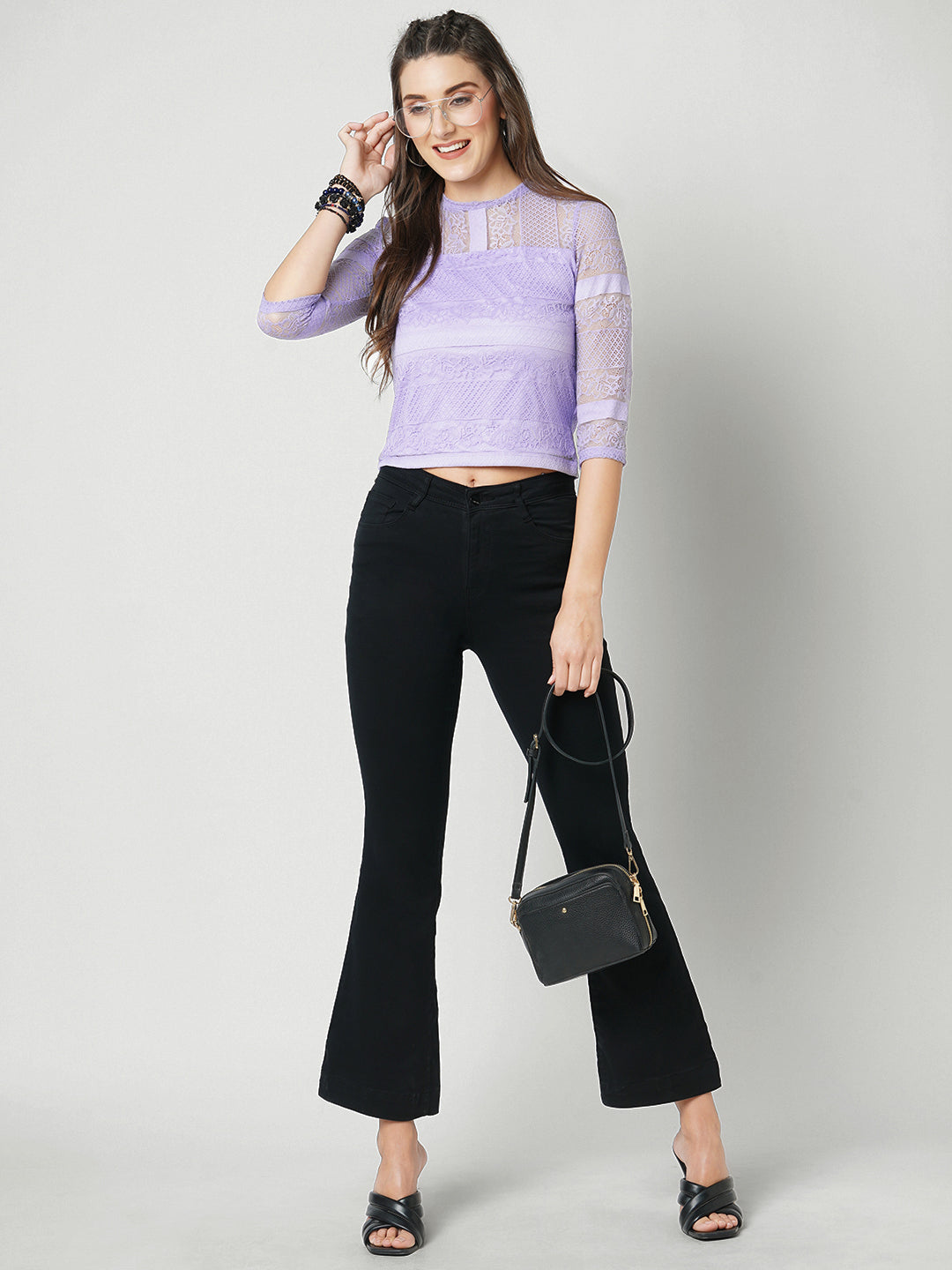 Women Lilac Crop Lace Top
