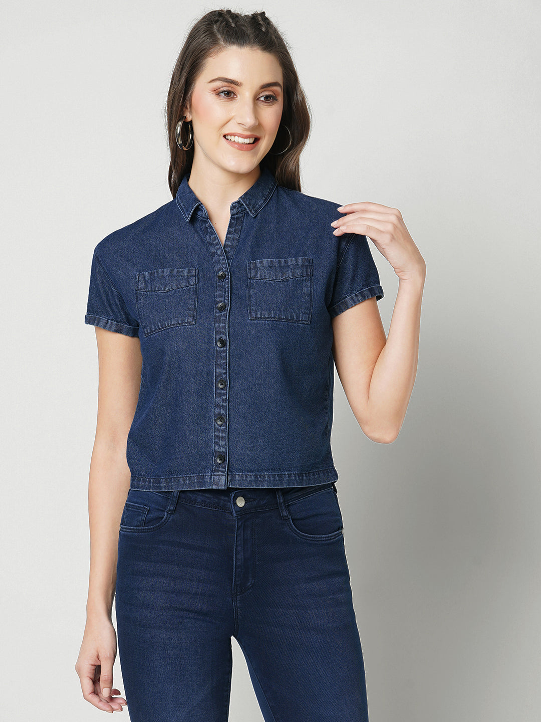 Women Dark Blue Slim Shirt