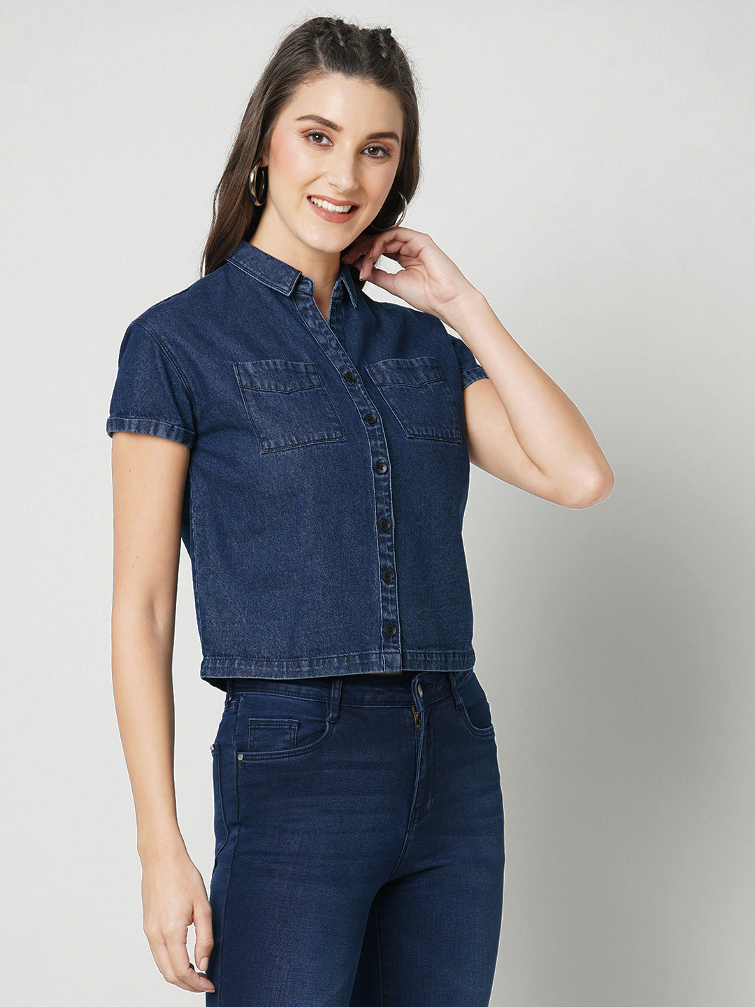 Women Dark Blue Slim Shirt