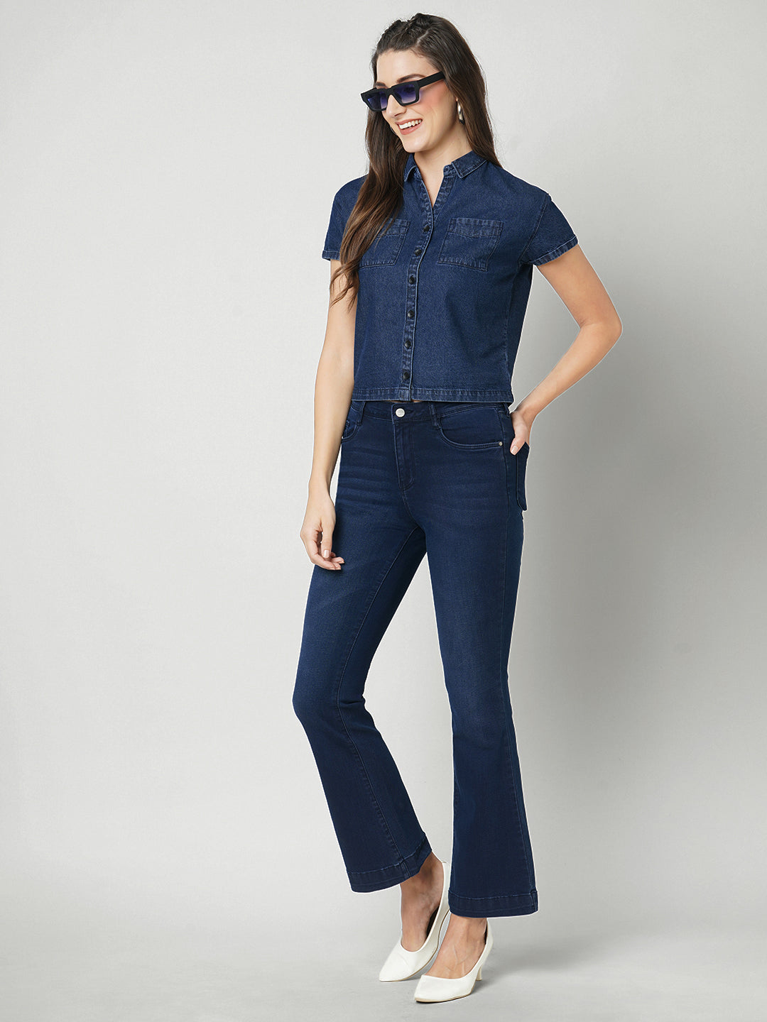 Women Dark Blue Slim Shirt