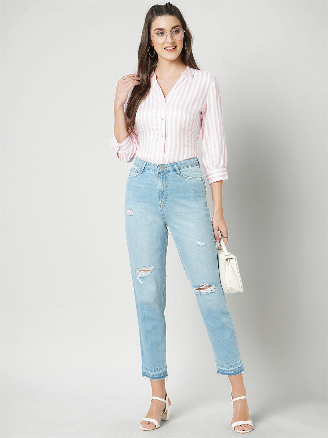 Women Light Blue High-Rise Mom Fit Jeans