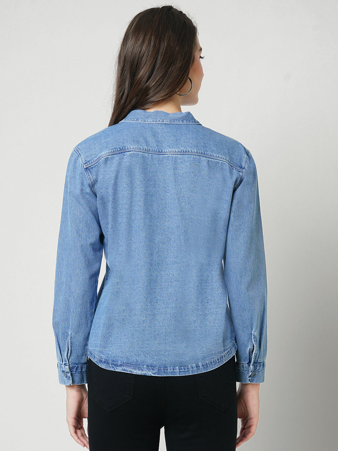 Women Blue Solid Oversized Denim Shirt