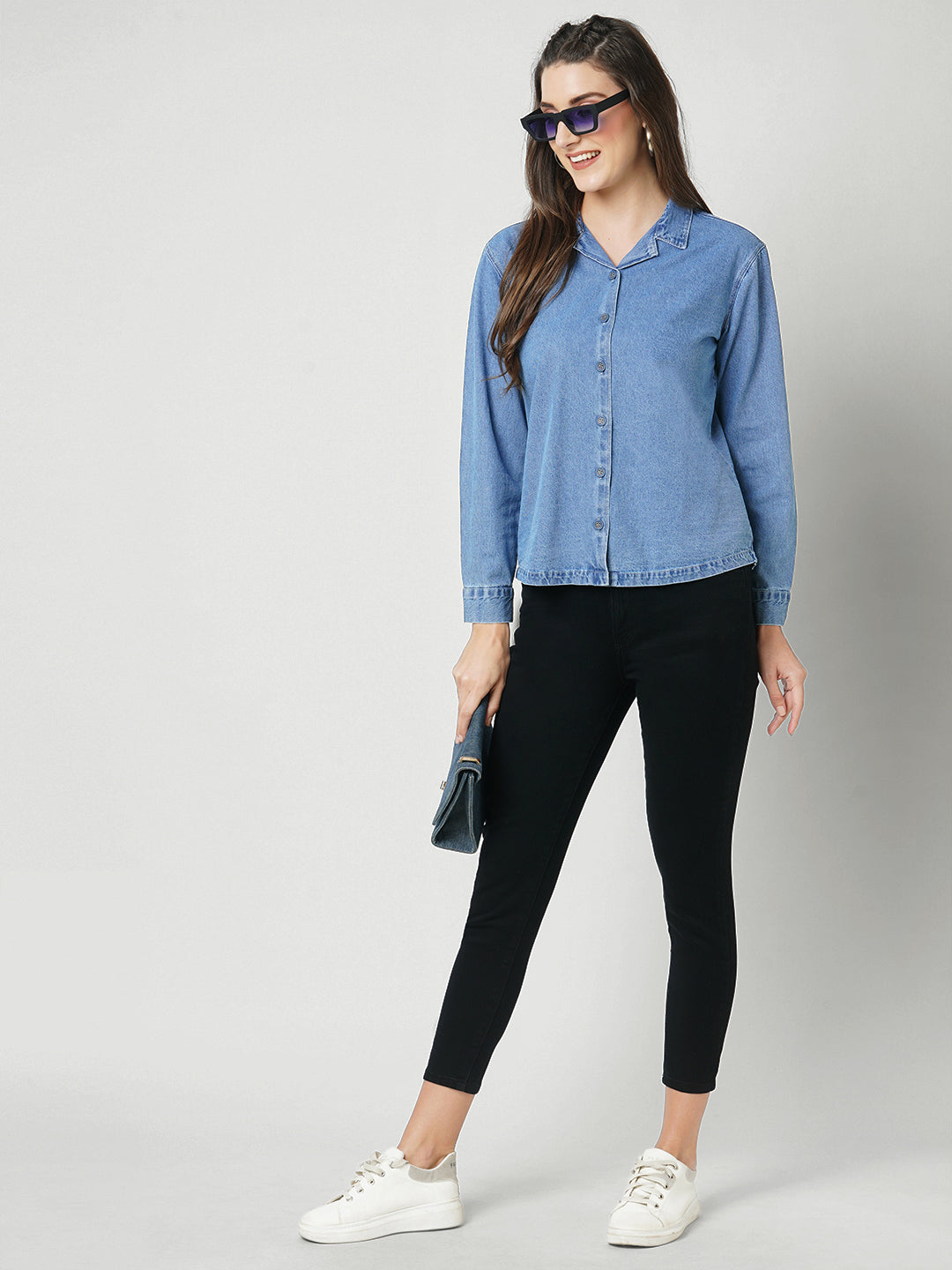 Women Blue Solid Oversized Denim Shirt