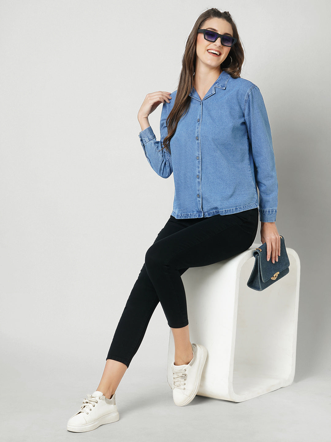 Women Blue Solid Oversized Denim Shirt