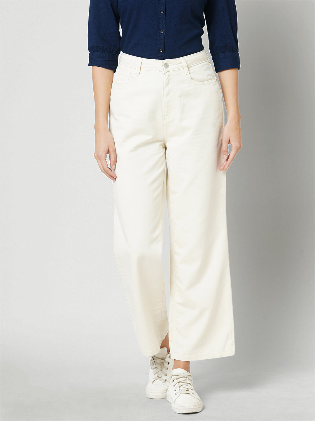 Women Ecru High-Rise Wide Leg Jeans