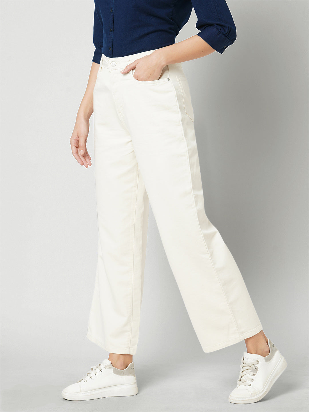 Women Ecru High-Rise Wide Leg Jeans