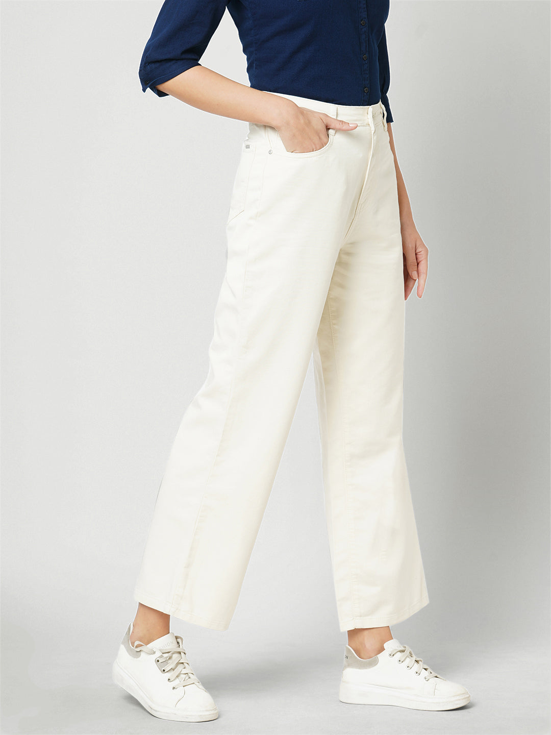 Women Ecru High-Rise Wide Leg Jeans