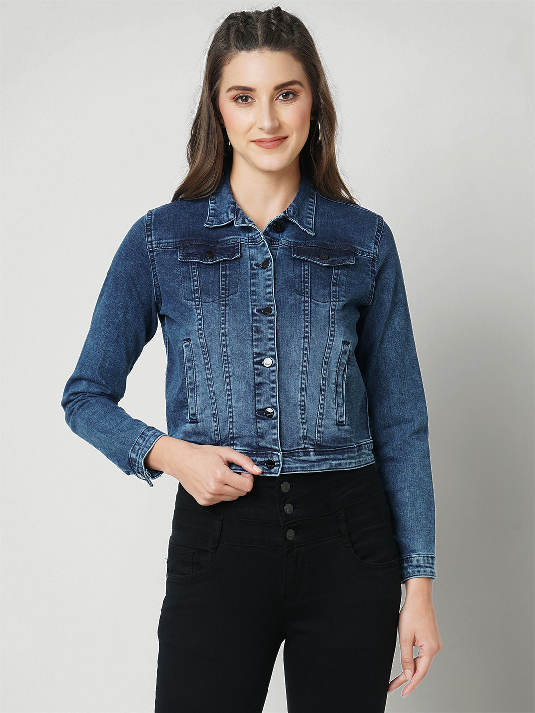 Women Navy Slim Fit Denim Jacket