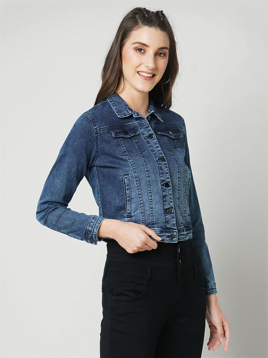 Women Navy Slim Fit Denim Jacket