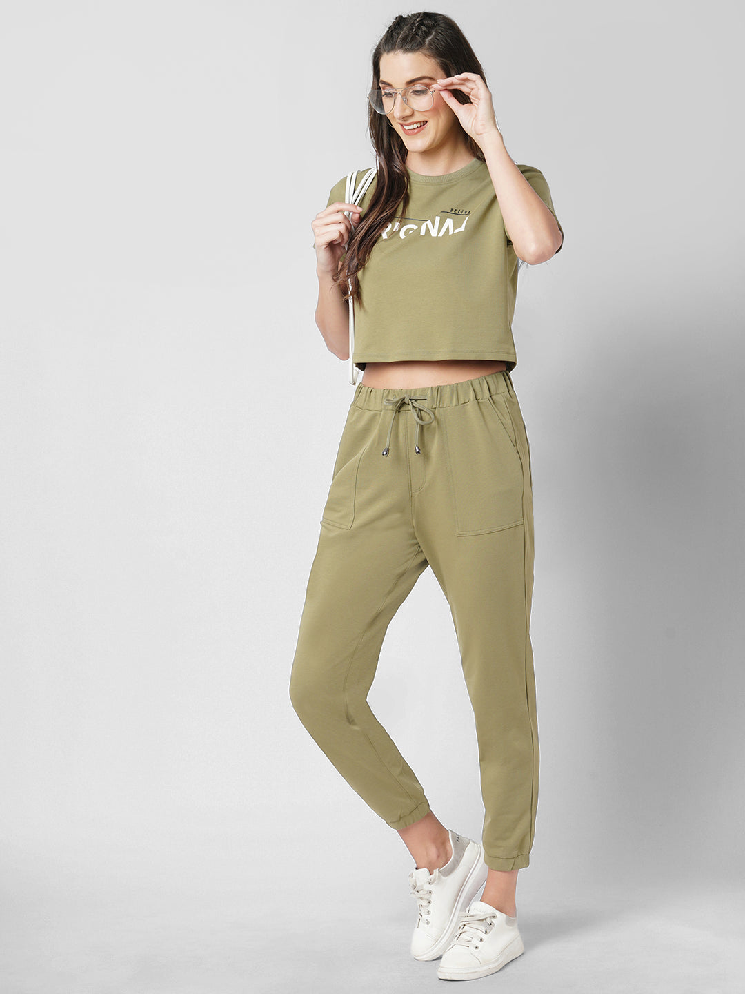 Women Olive Slim Fit Crop Athleisure Top