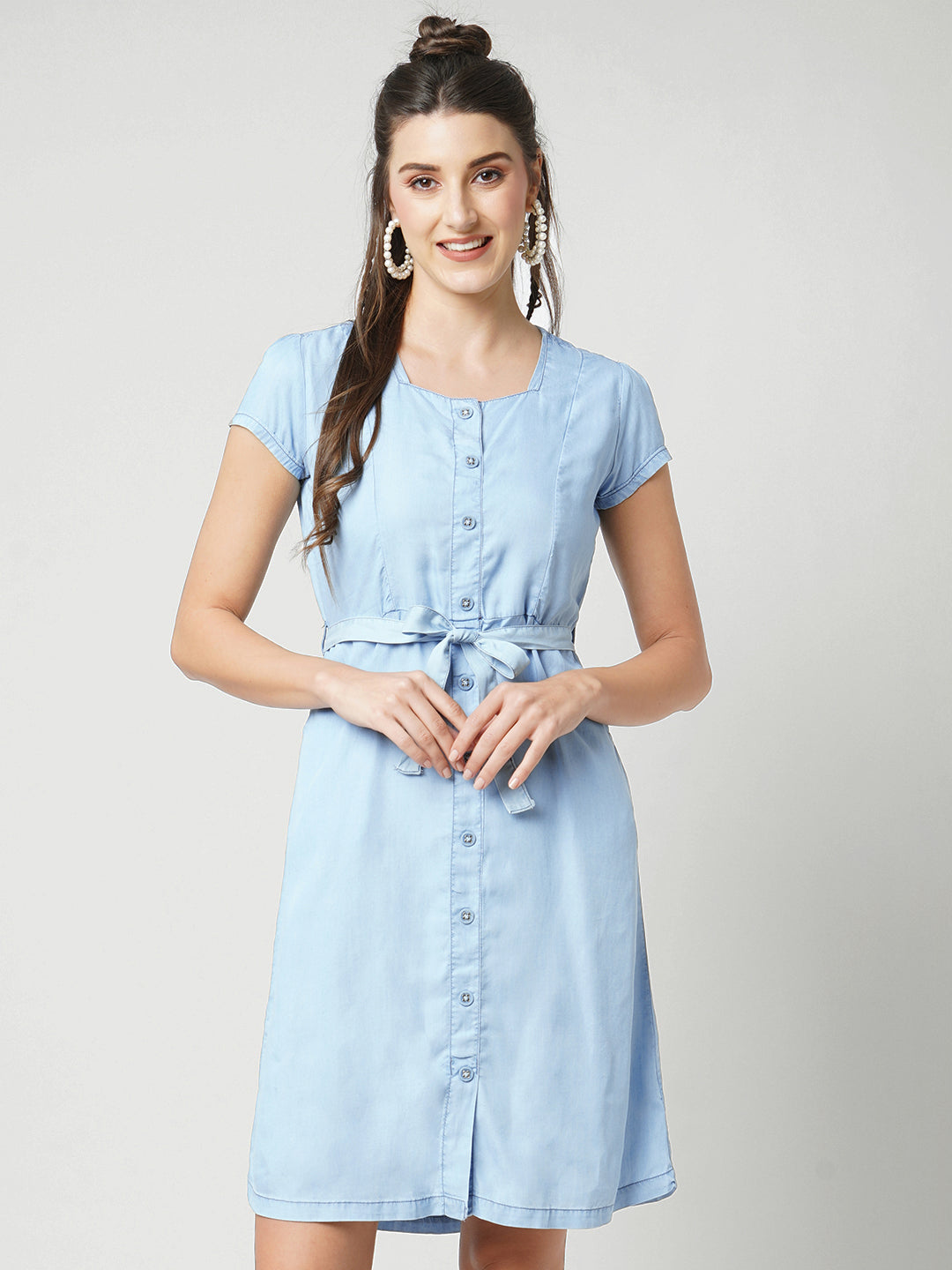 Women Blue Solid Short Sleeves Denim Dress