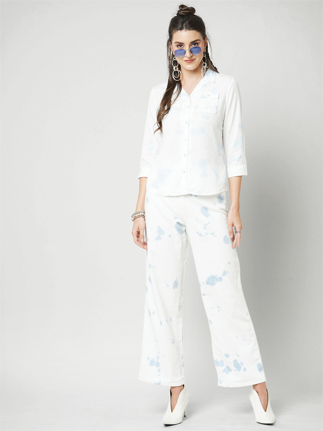 Women Aqua White High-Rise Wide Leg Jeans