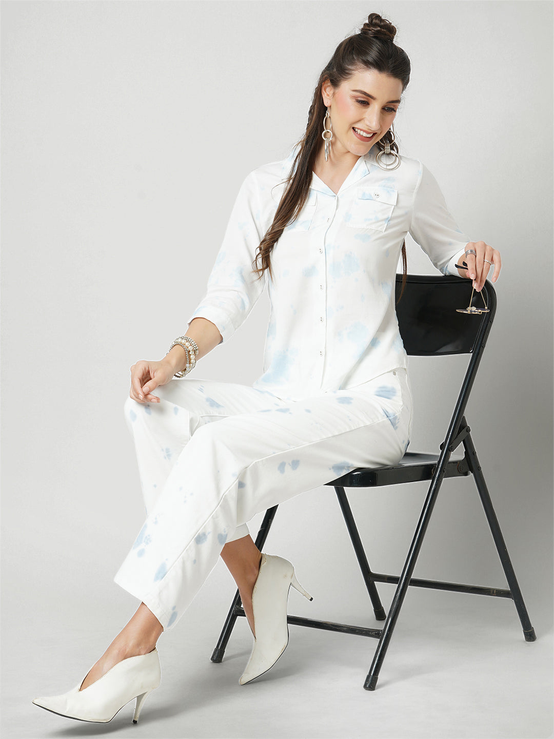 Women Aqua White High-Rise Wide Leg Jeans