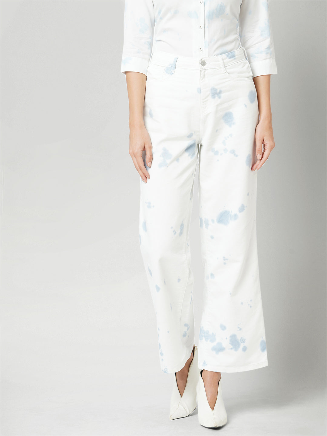 Women Aqua White High-Rise Wide Leg Jeans
