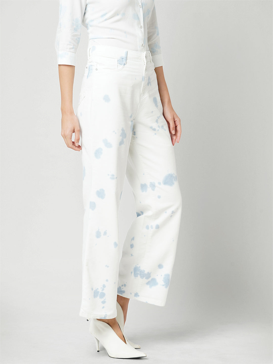 Women Aqua White High-Rise Wide Leg Jeans