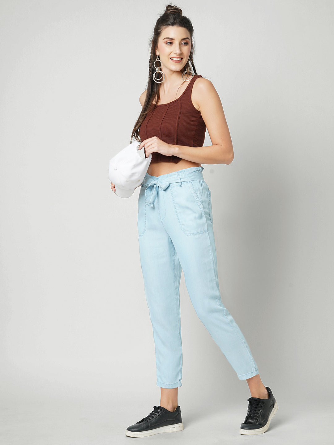 Women Light Blue High-Rise Paper Bag Pants