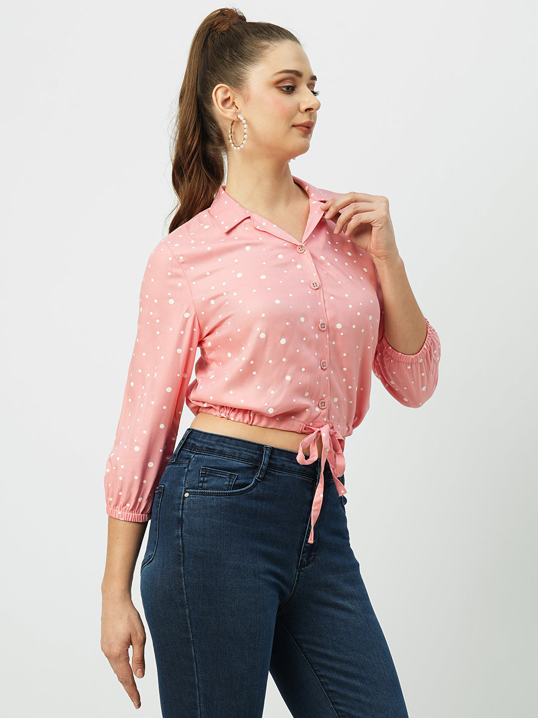 Women Blush Pink Polka Dot Slim Shirt