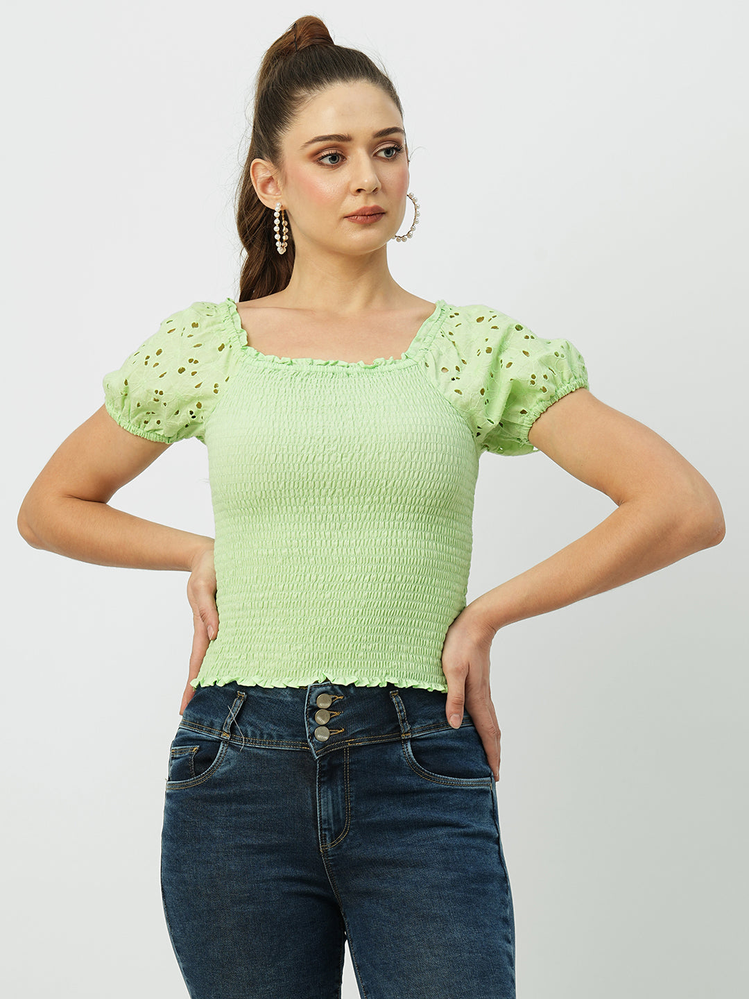 Women Leafy Solid Short Sleeves Tops
