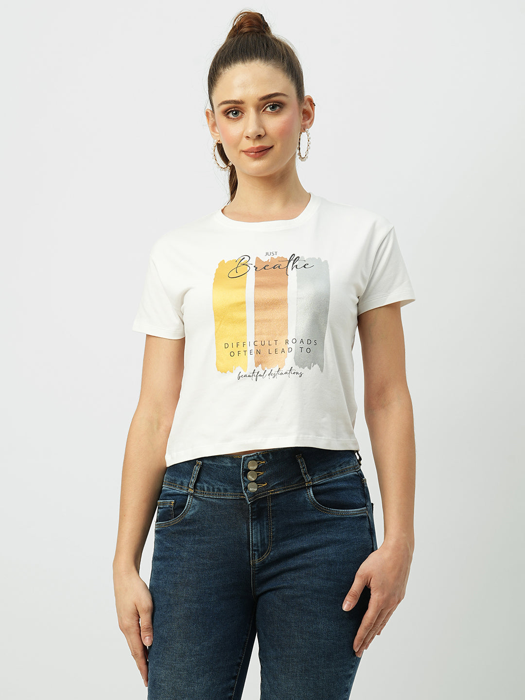 Women Off White Printed Slim T-Shirt
