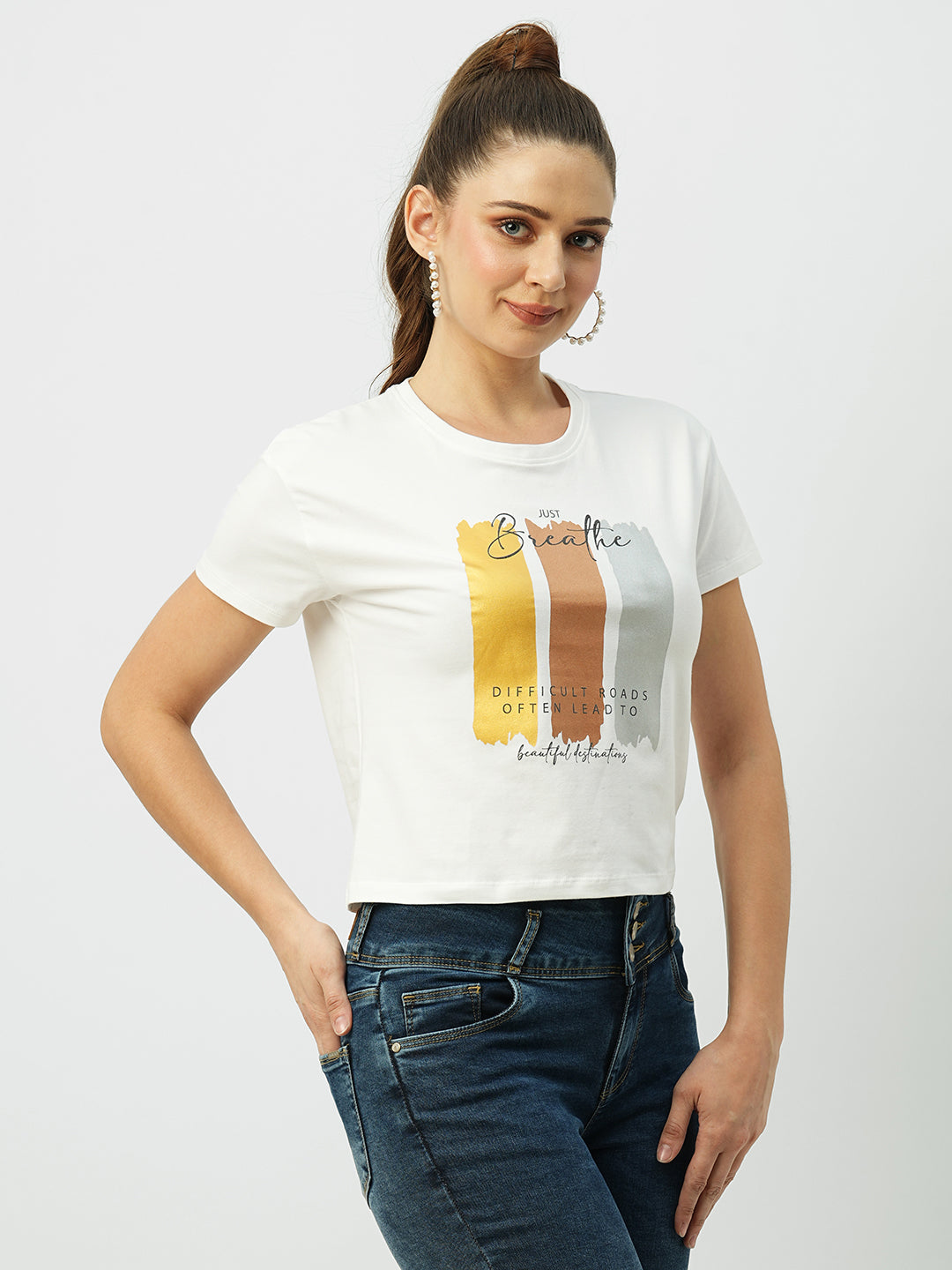 Women Off White Printed Slim T-Shirt