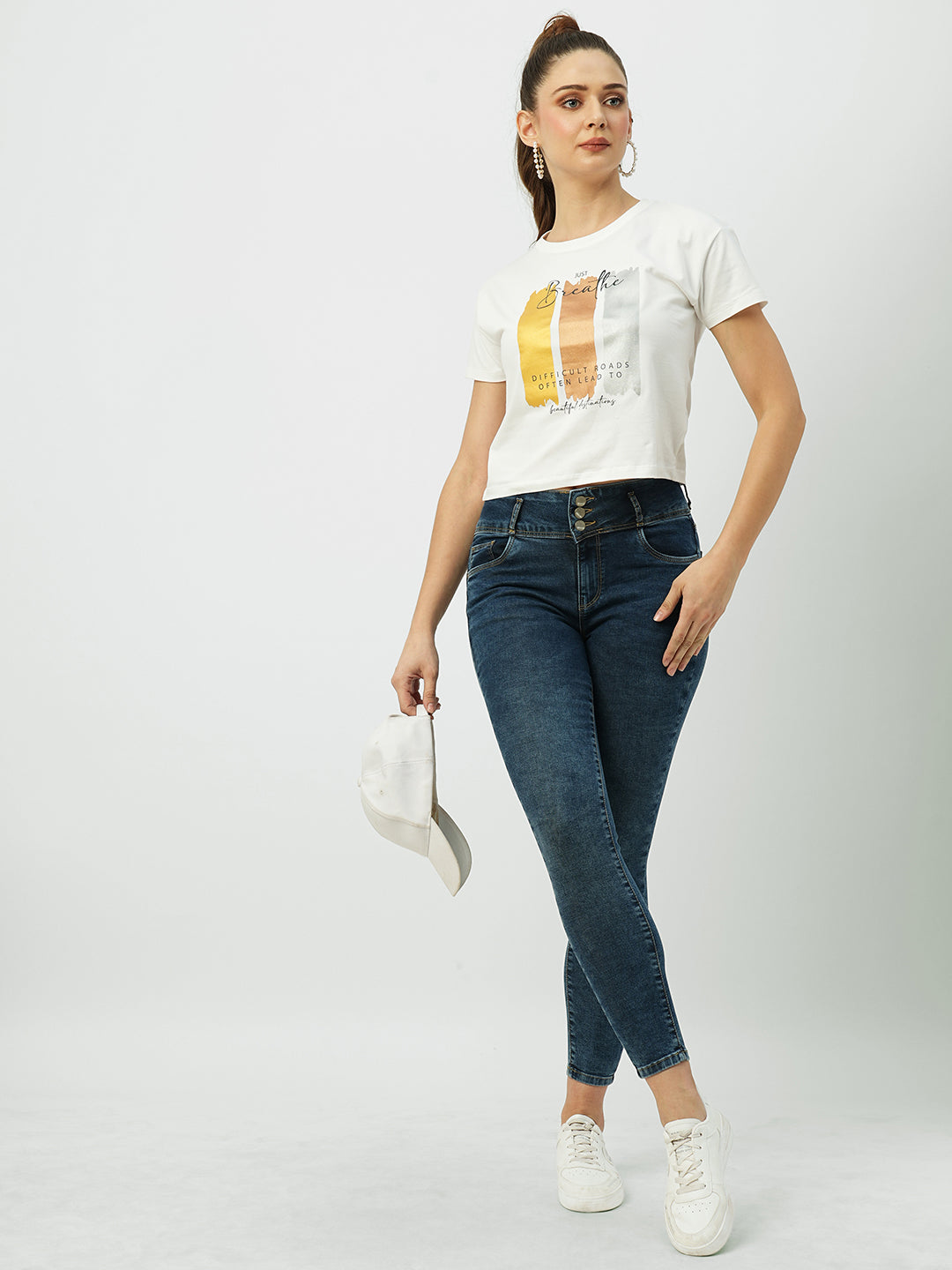 Women Off White Printed Slim T-Shirt