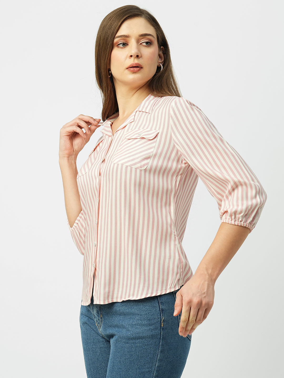 Women Peach & White Striped Slim Shirt