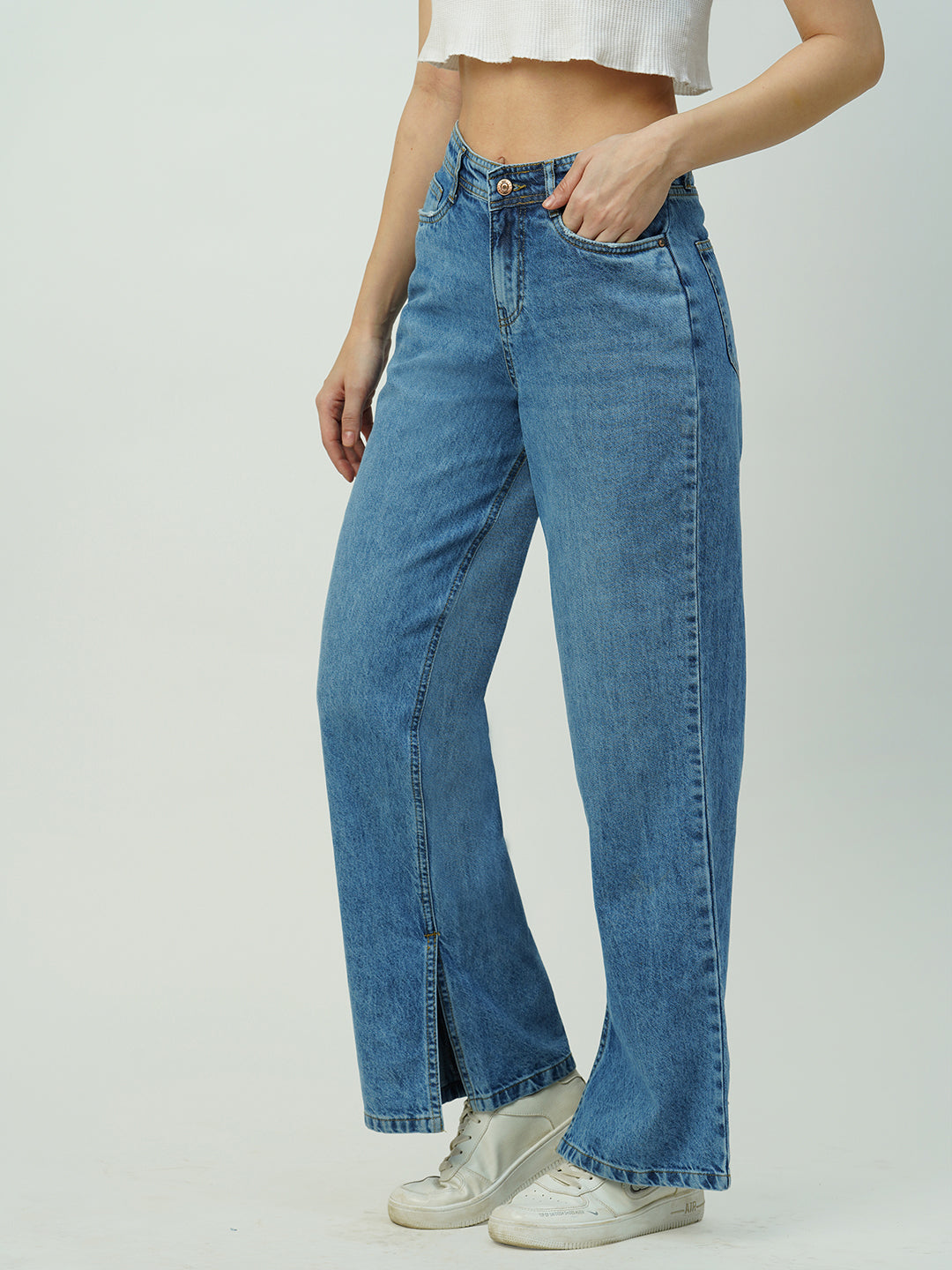 Women Light Blue Mid-Rise Wide Leg Jeans