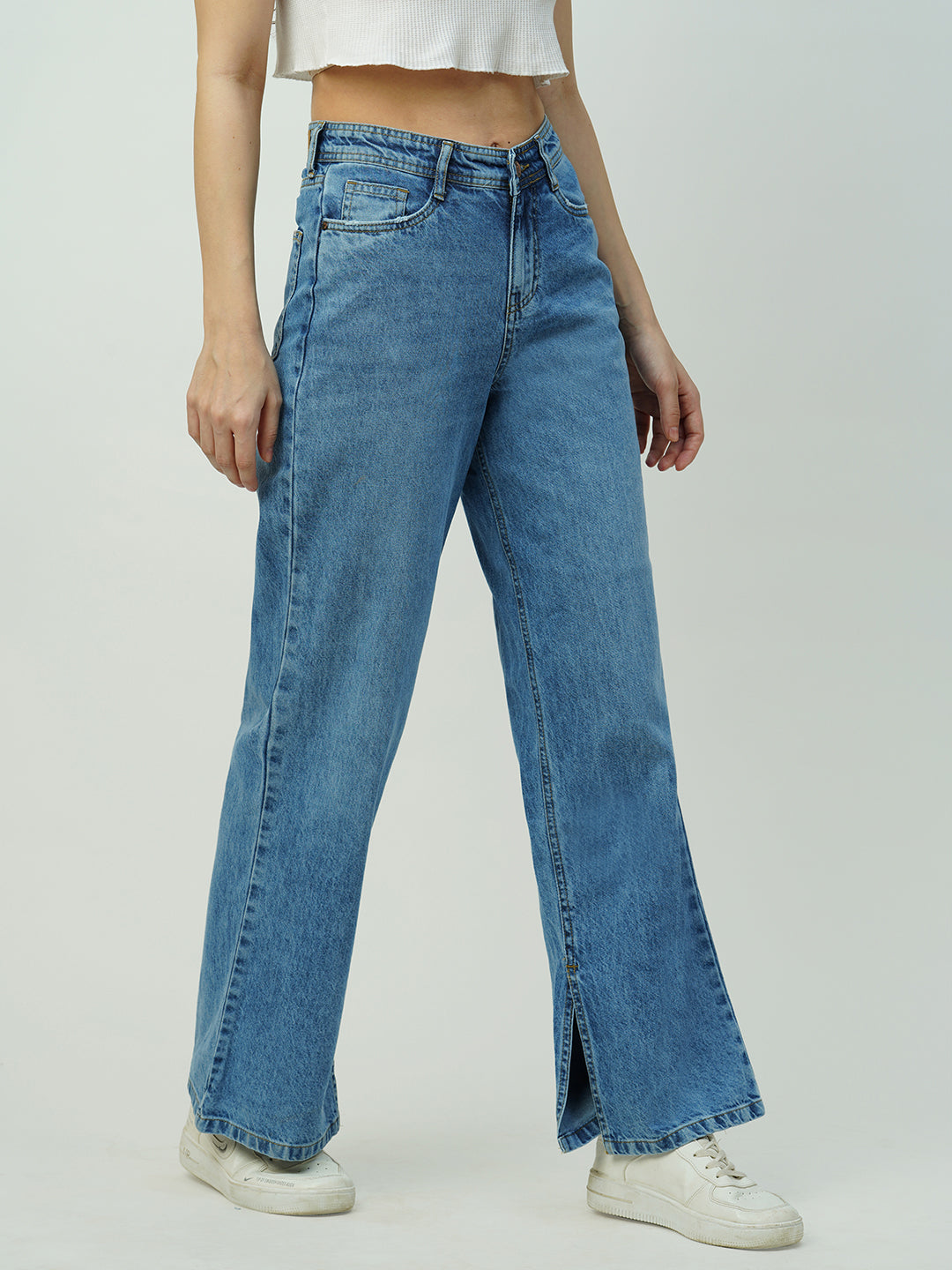 Women Light Blue Mid-Rise Wide Leg Jeans