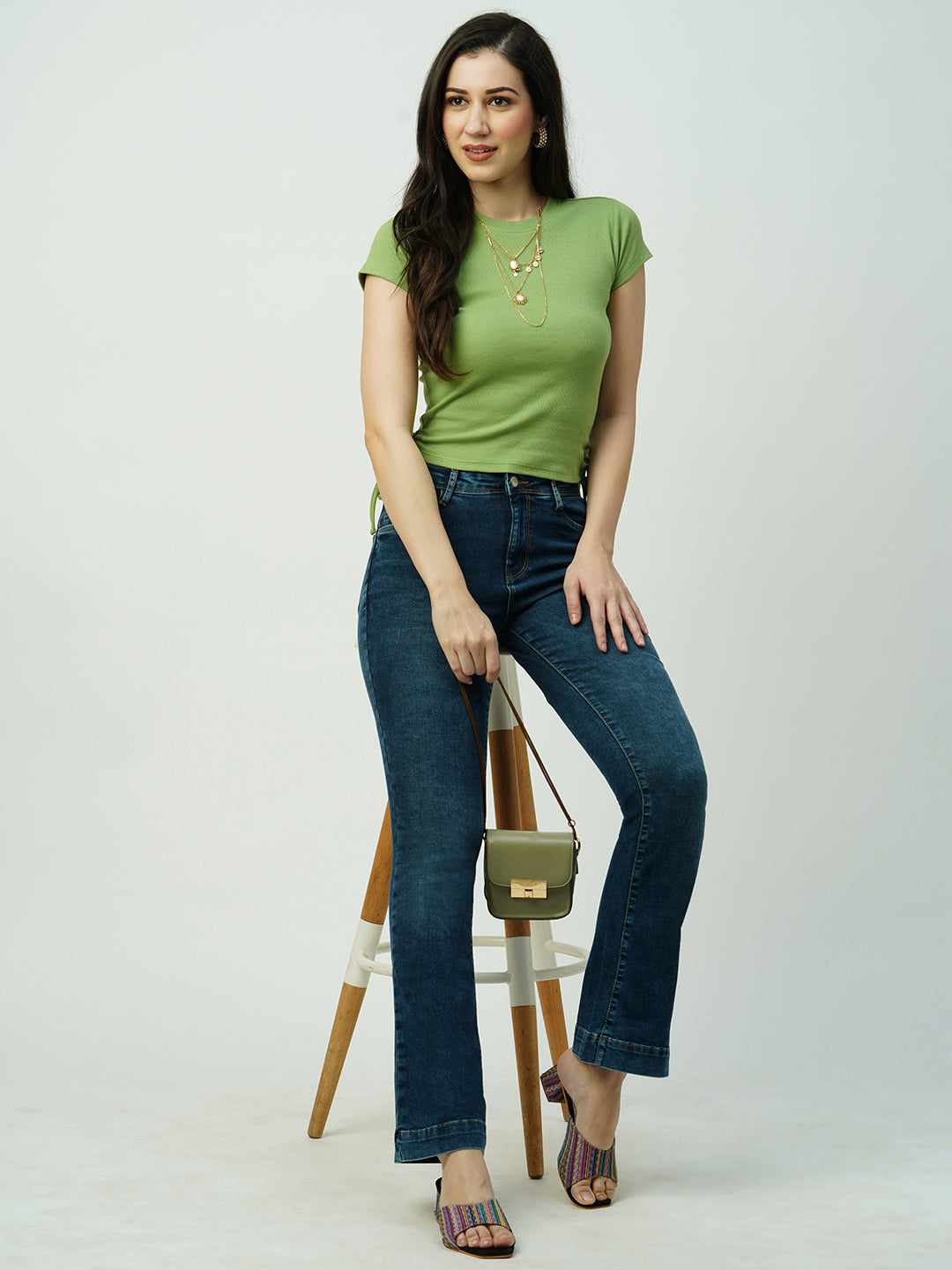Women Dark Blue High Rise Mini Flare Jeans