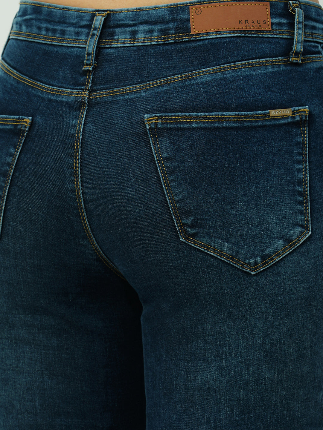 Women Dark Blue High Rise Mini Flare Jeans