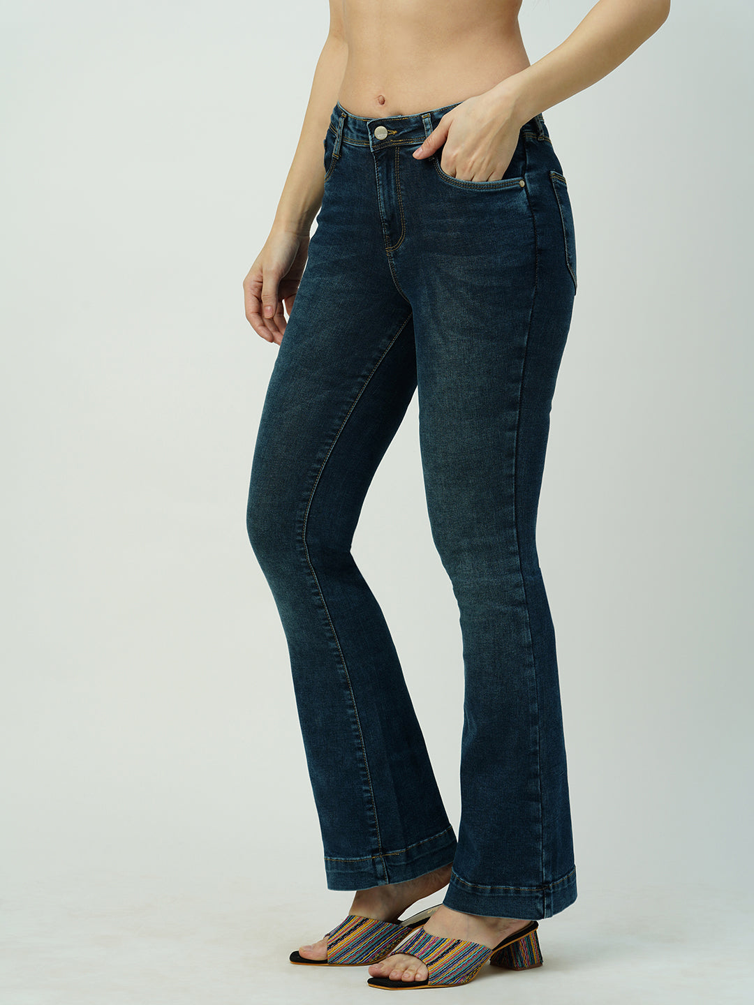 Women Dark Blue High Rise Mini Flare Jeans