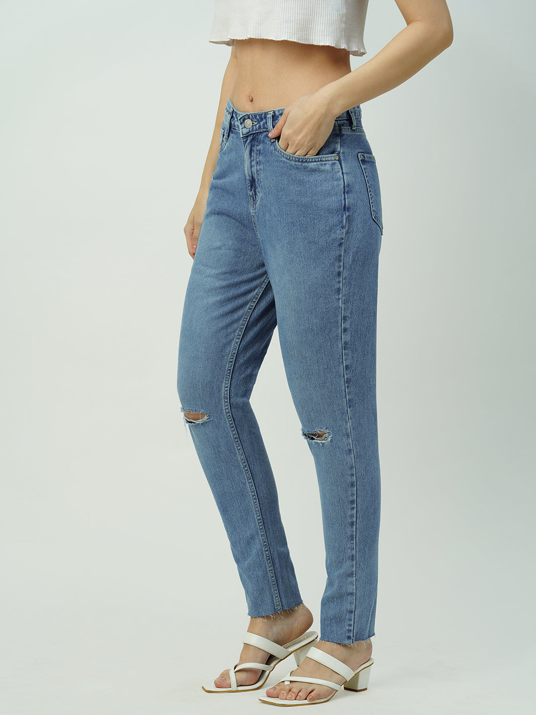 Women Light Blue High-Rise Slim Straight Fit Ripped Jeans