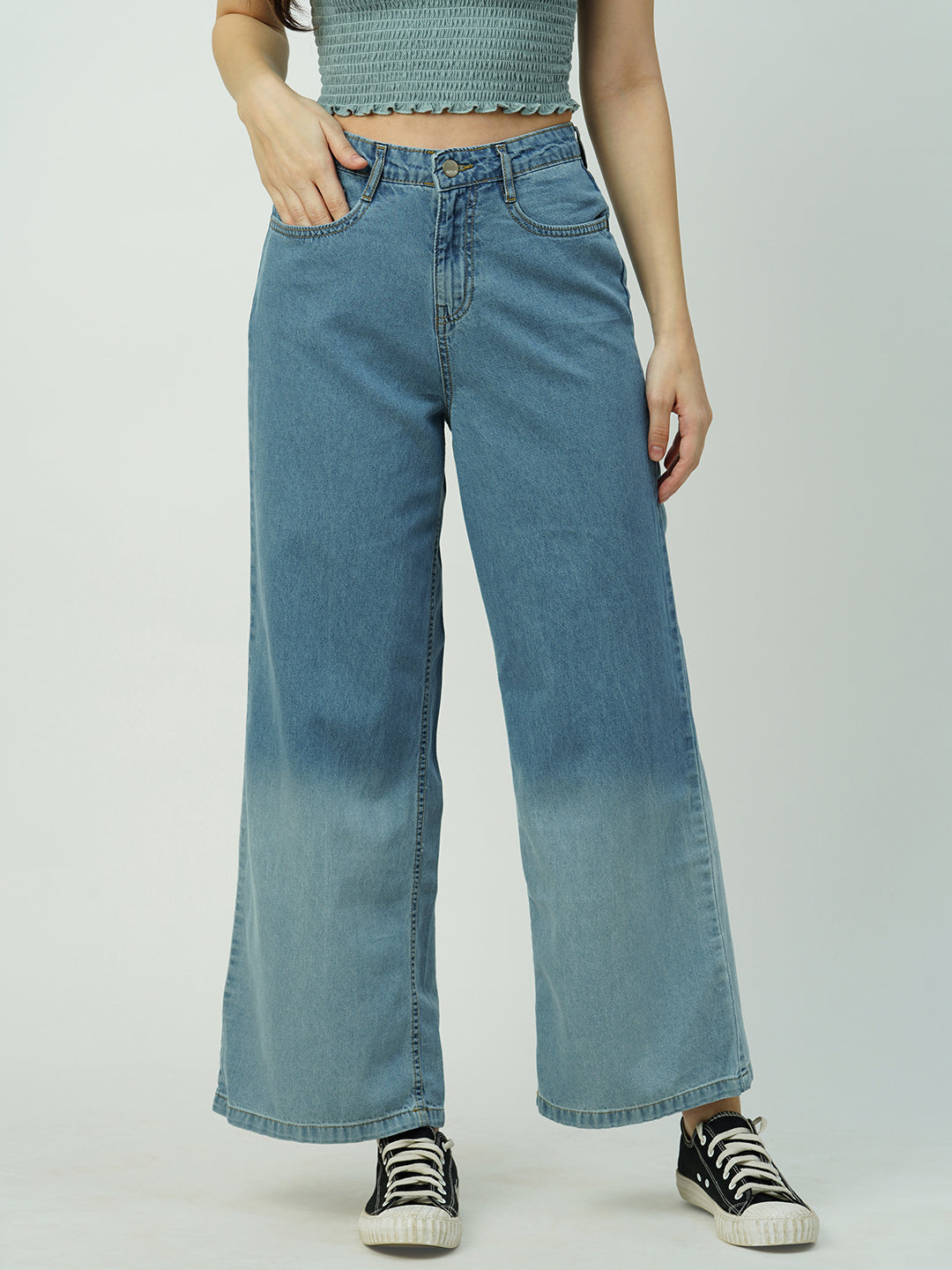 Women Light Blue High-Rise Super Wide Leg Jeans