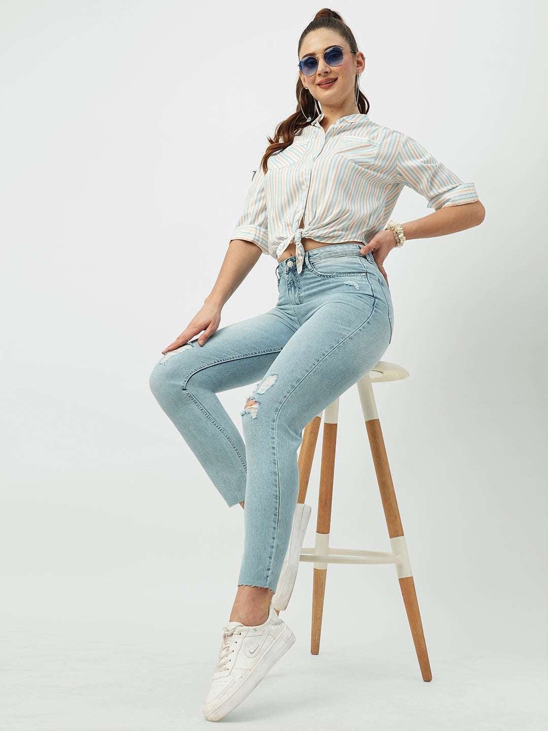 Women Multicolor Striped Crop Shirt