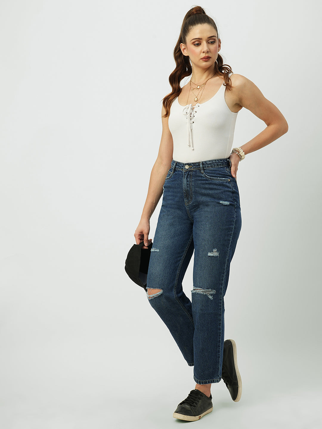 Women Dark Blue High-Rise Loose Straight Jeans