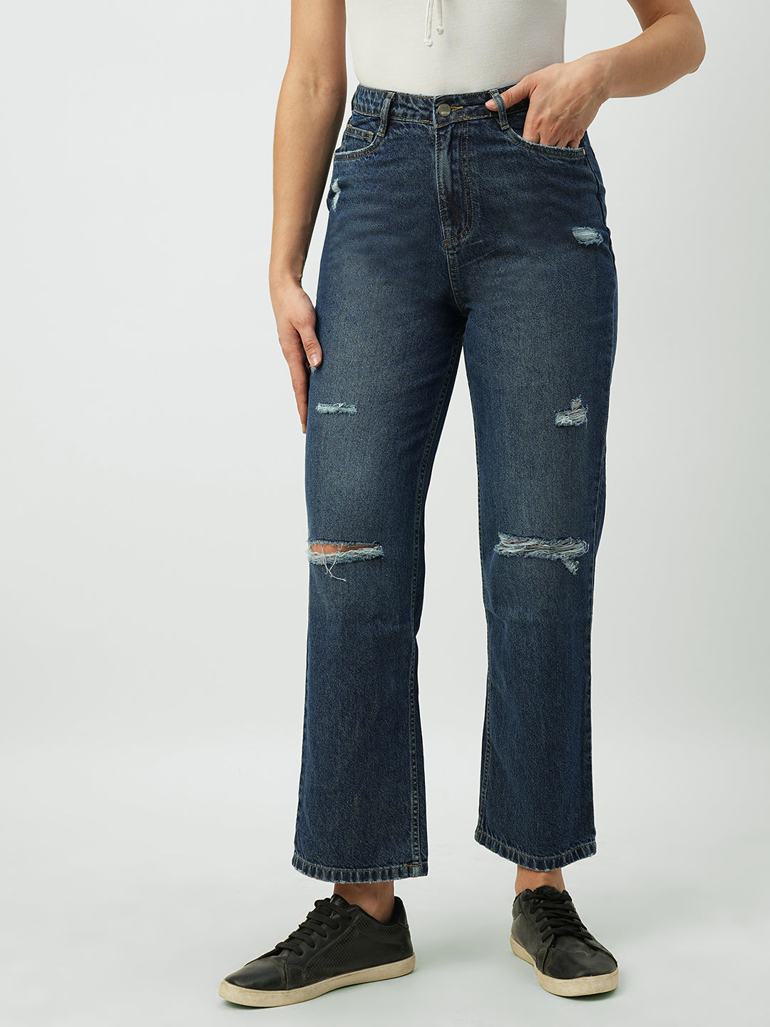 Women Dark Blue High-Rise Loose Straight Jeans