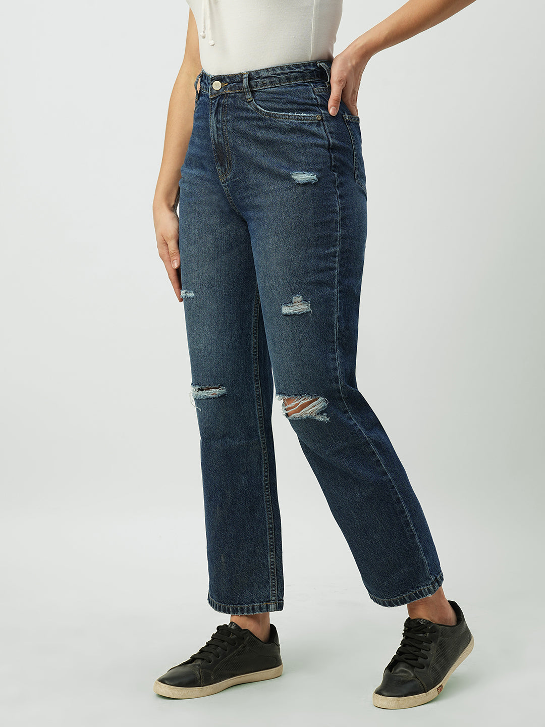 Women Dark Blue High-Rise Loose Straight Jeans
