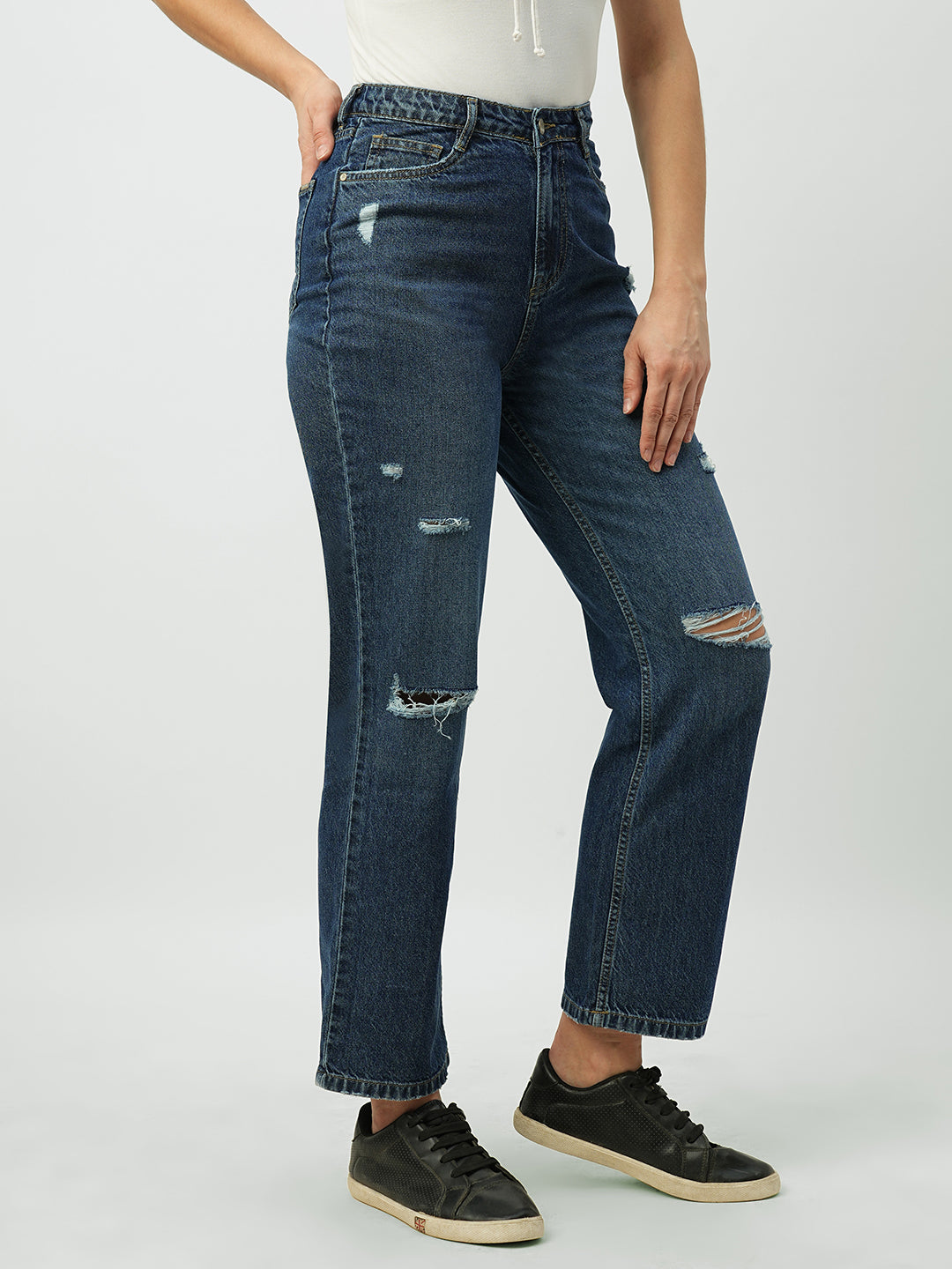 Women Dark Blue High-Rise Loose Straight Jeans