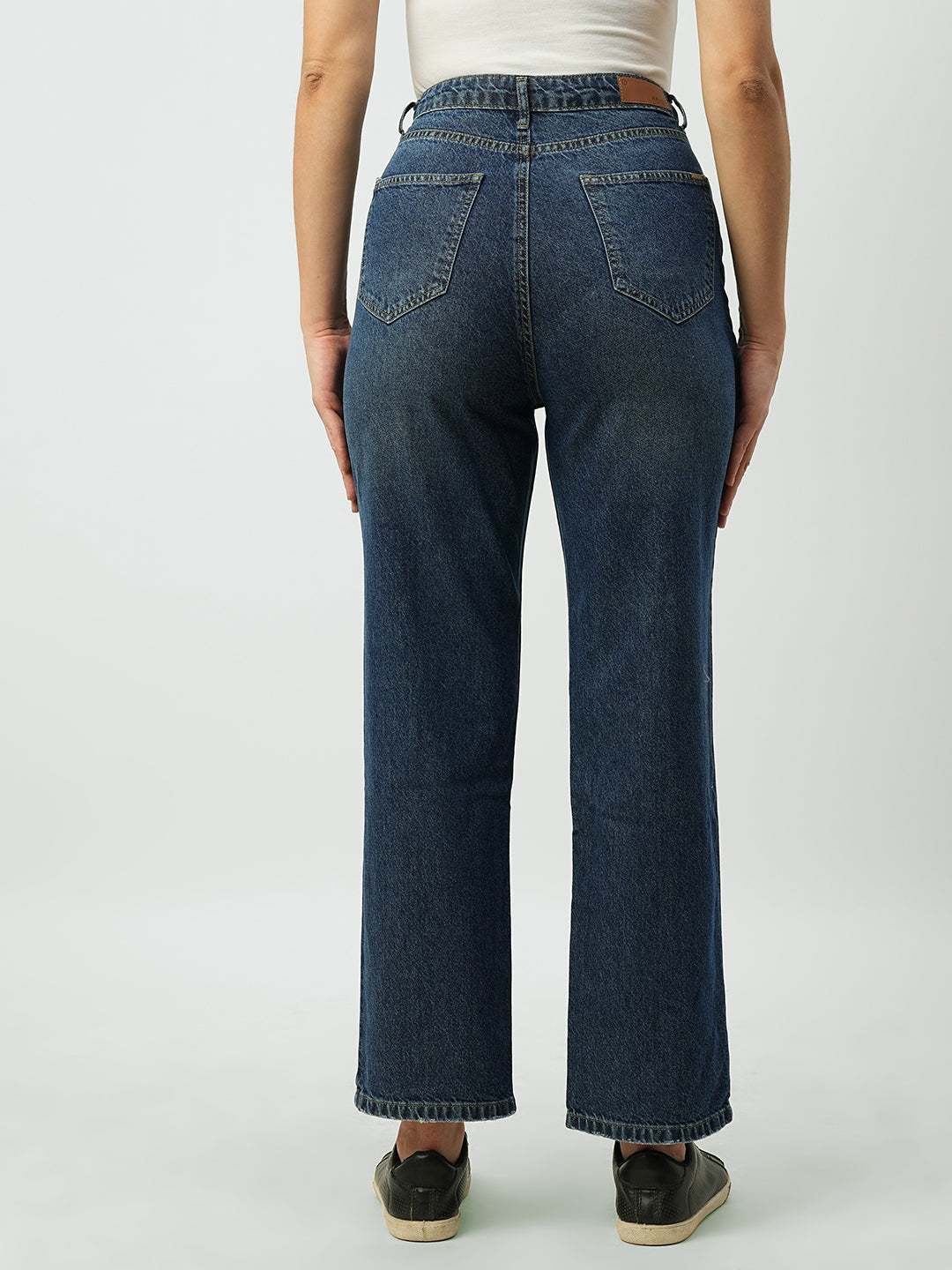Women Dark Blue High-Rise Loose Straight Jeans