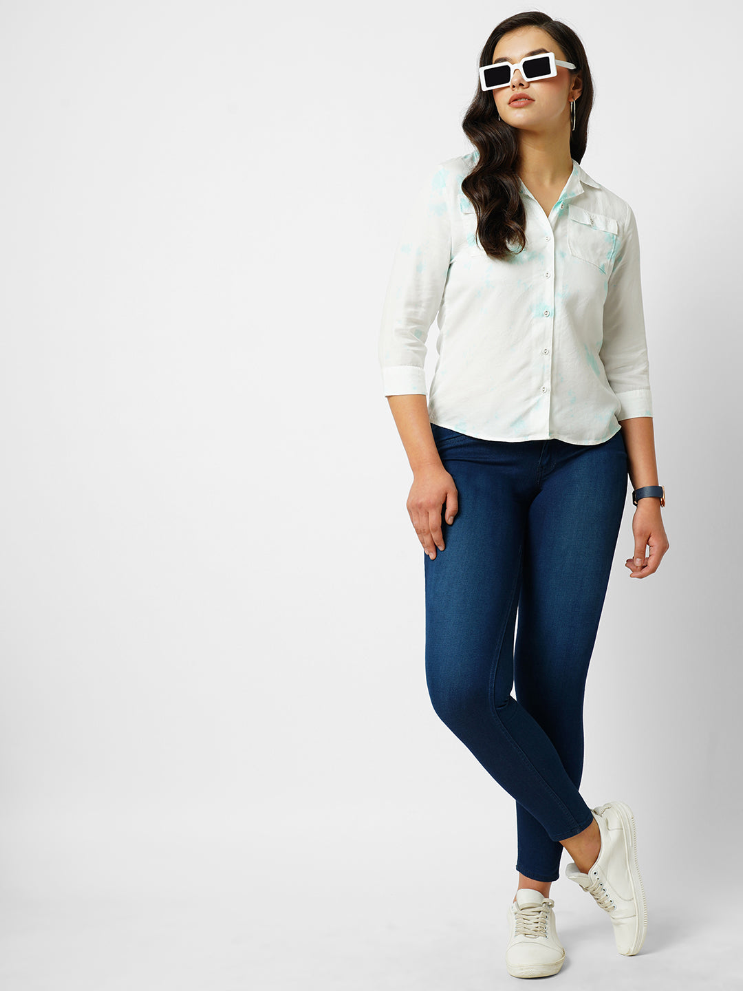 Women Aqua Tie-Dye Slim Shirt