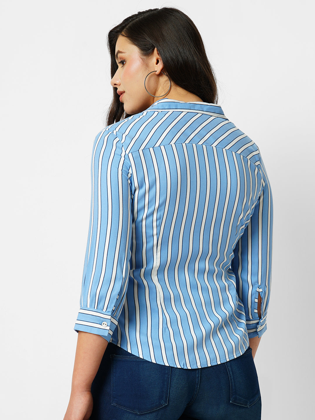 Women Blue & White Striped Slim Shirt