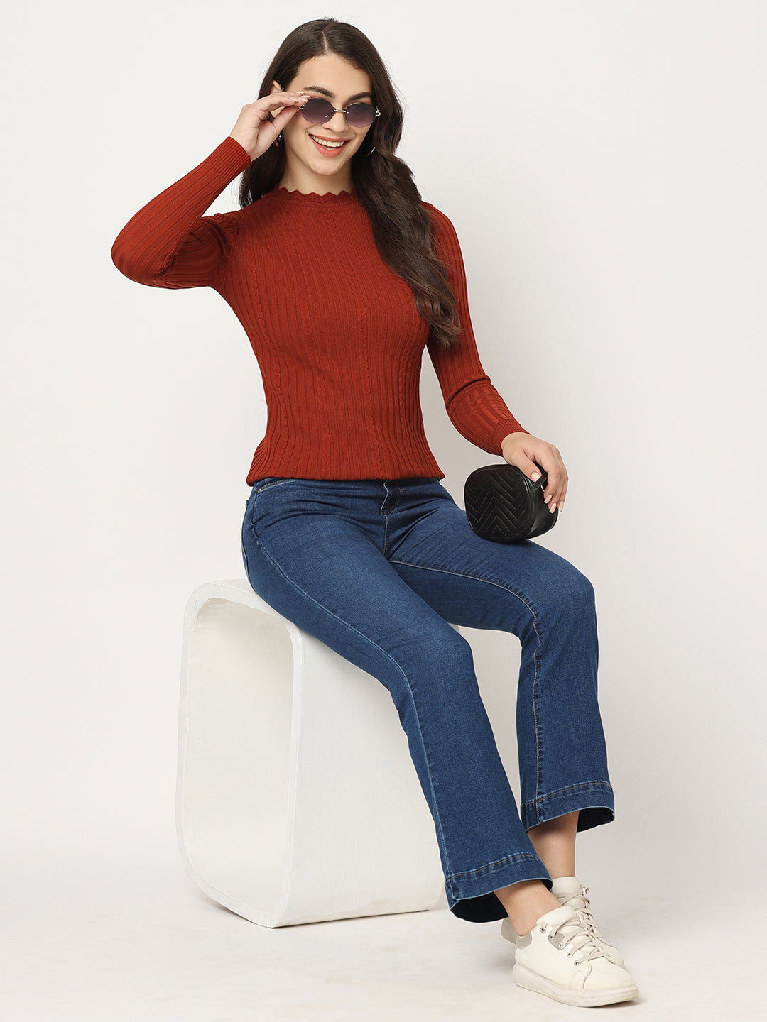 Women Rust Slim Fit Sweater