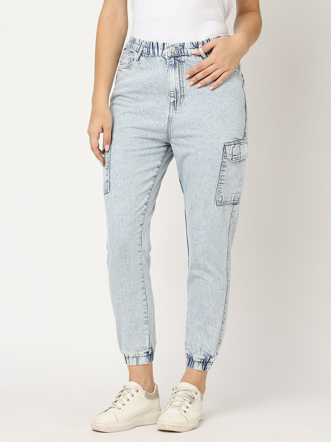 Women Light Blue Mid-Rise Cargo Jogger