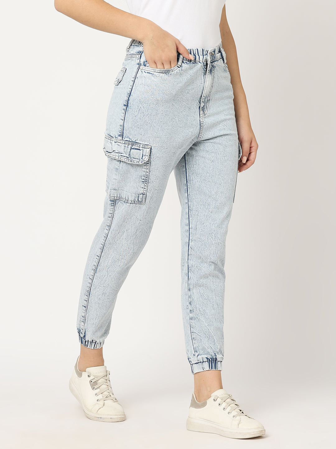 Women Light Blue Mid-Rise Cargo Jogger