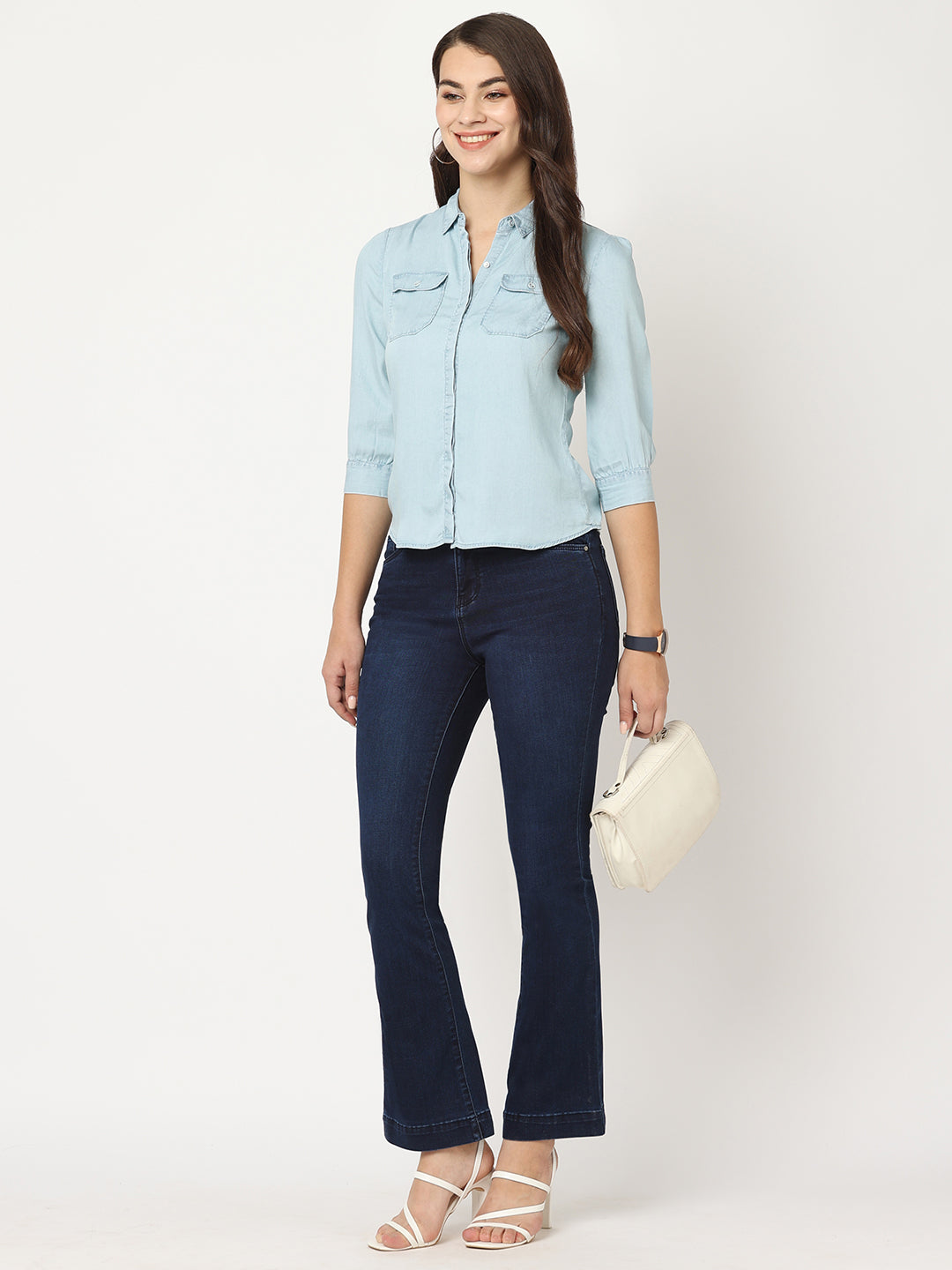 Women Dark Blue High-Rise Mini Flare Jeans