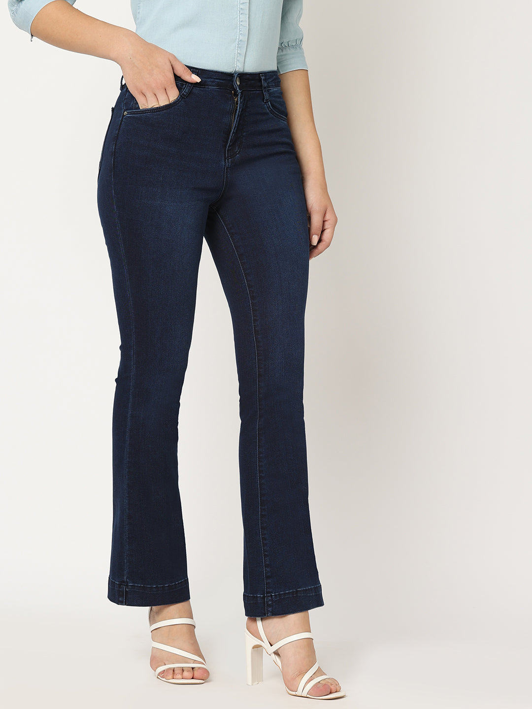 Women Dark Blue High-Rise Mini Flare Jeans
